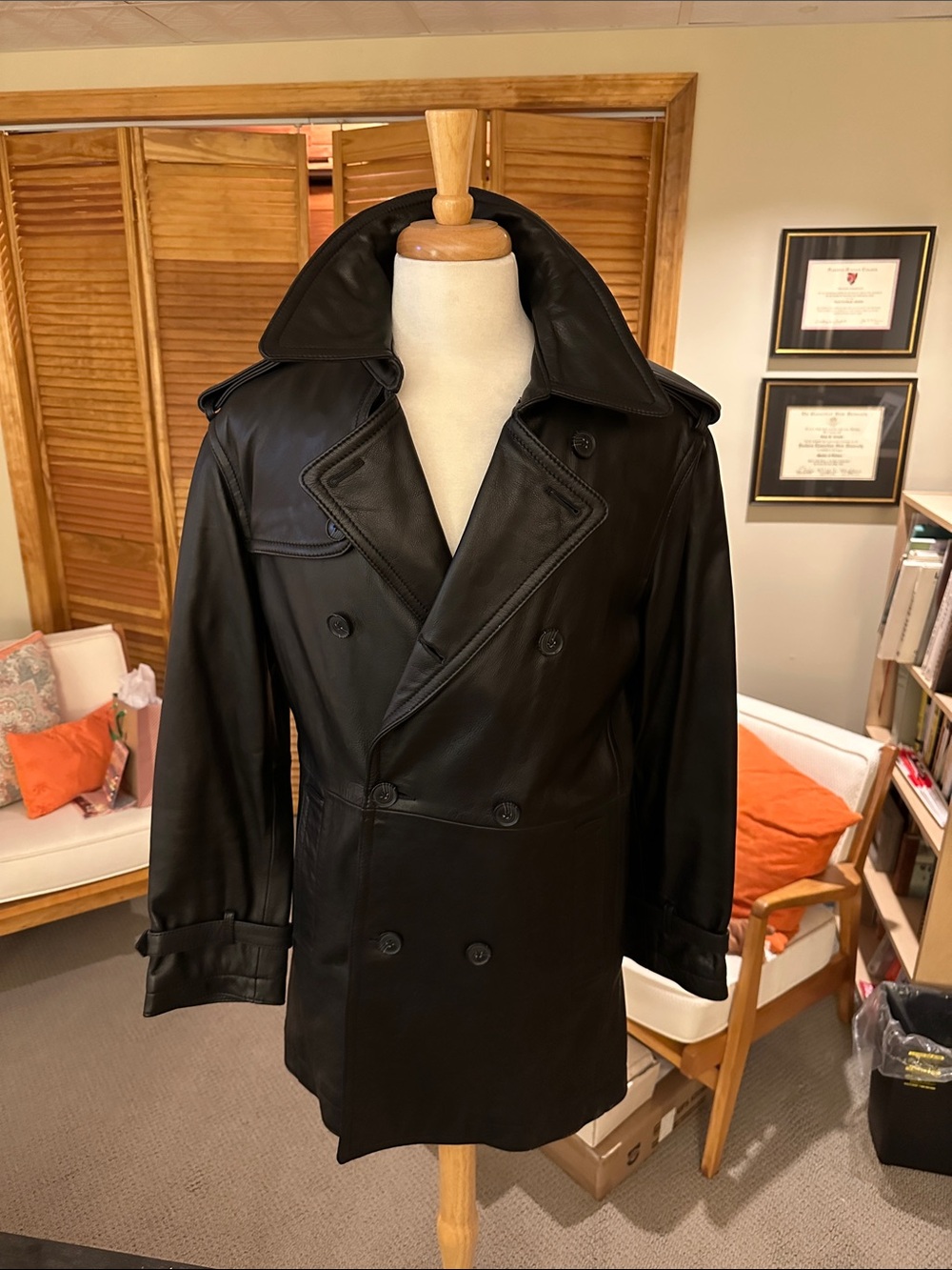 Michael Kors Black Leather Double-Breasted Trench Coat